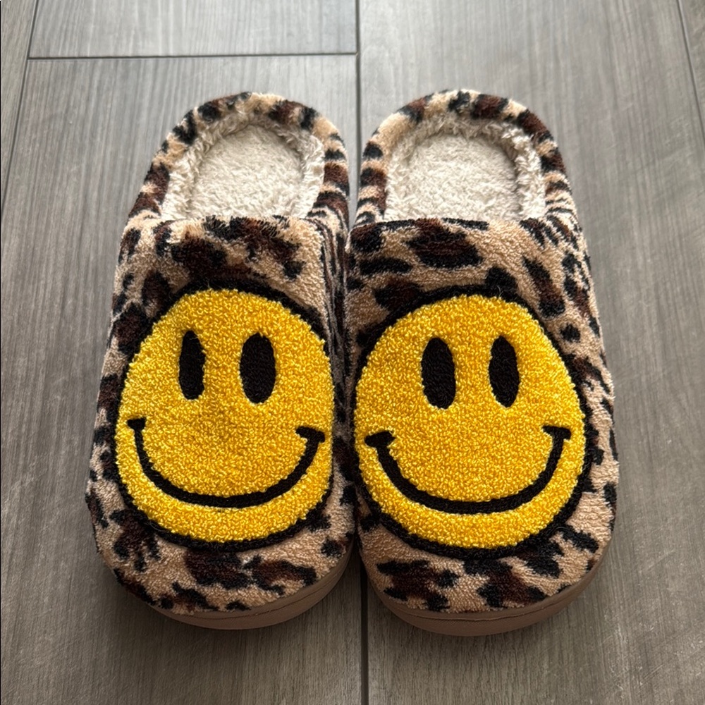 Leopard Print Slippers with Yellow Smiley Face